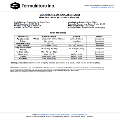 Certificate of Analysis (COA) - Rice Bran Wax (Cosmetic Grade) - Formulatorsinc.in