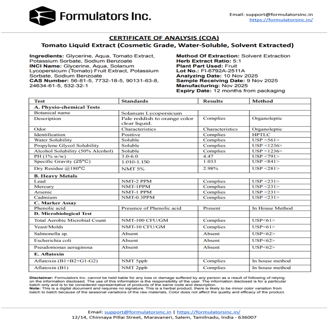 Certificate of Analysis (COA) - Tomato Liquid Extract (Cosmetic Grade, Water-Soluble, Solvent-Extracted) - Formulatorsinc.in