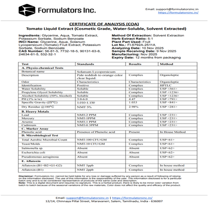 Certificate of Analysis (COA) - Tomato Liquid Extract (Cosmetic Grade, Water-Soluble, Solvent-Extracted) - Formulatorsinc.in