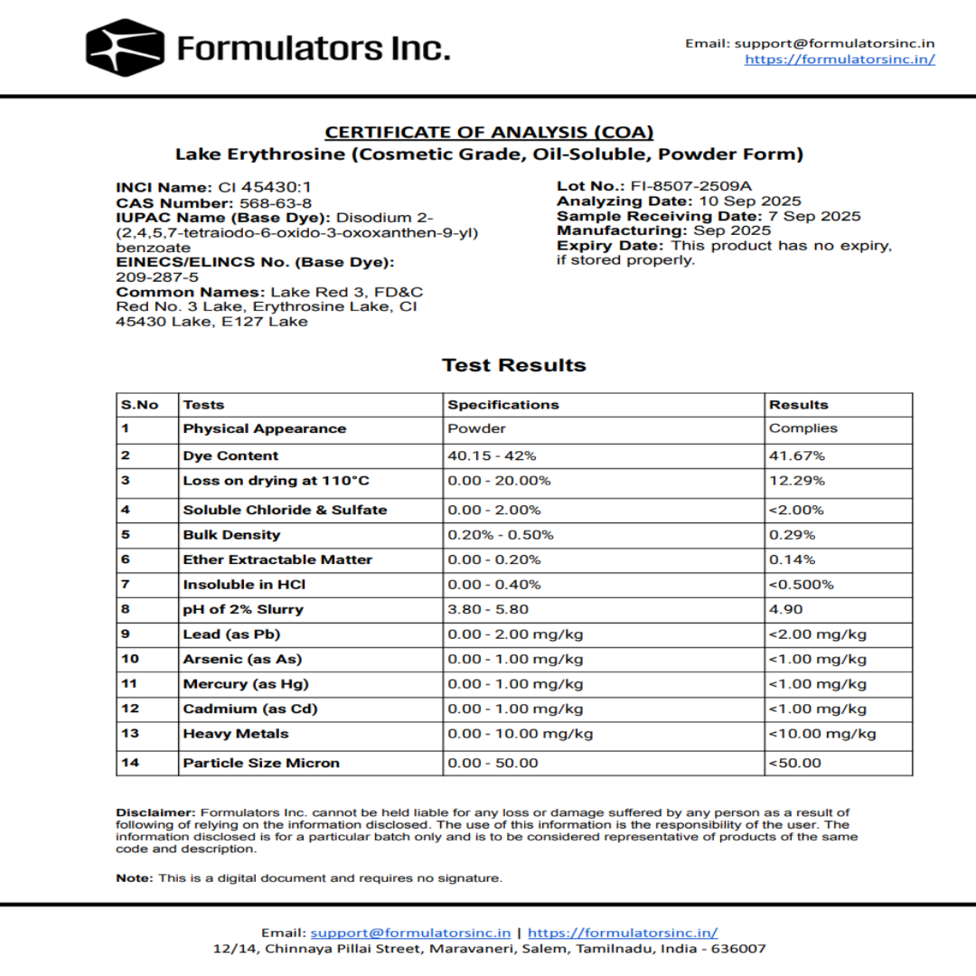 COA - Lake Erythrosine (Cosmetic Grade, Oil-Soluble, Powder Form) - Formulators Inc.