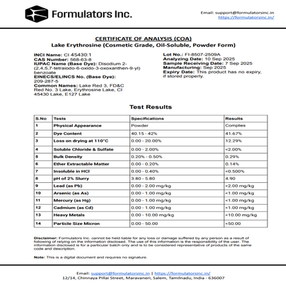COA - Lake Erythrosine (Cosmetic Grade, Oil-Soluble, Powder Form) - Formulators Inc.