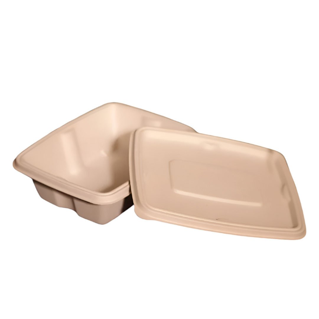 650ml Anti-Leak Rectangular Bagasse Takeaway Container + Lid (Eco-Friendly, Sustainable, Biodegradable & Compostable)