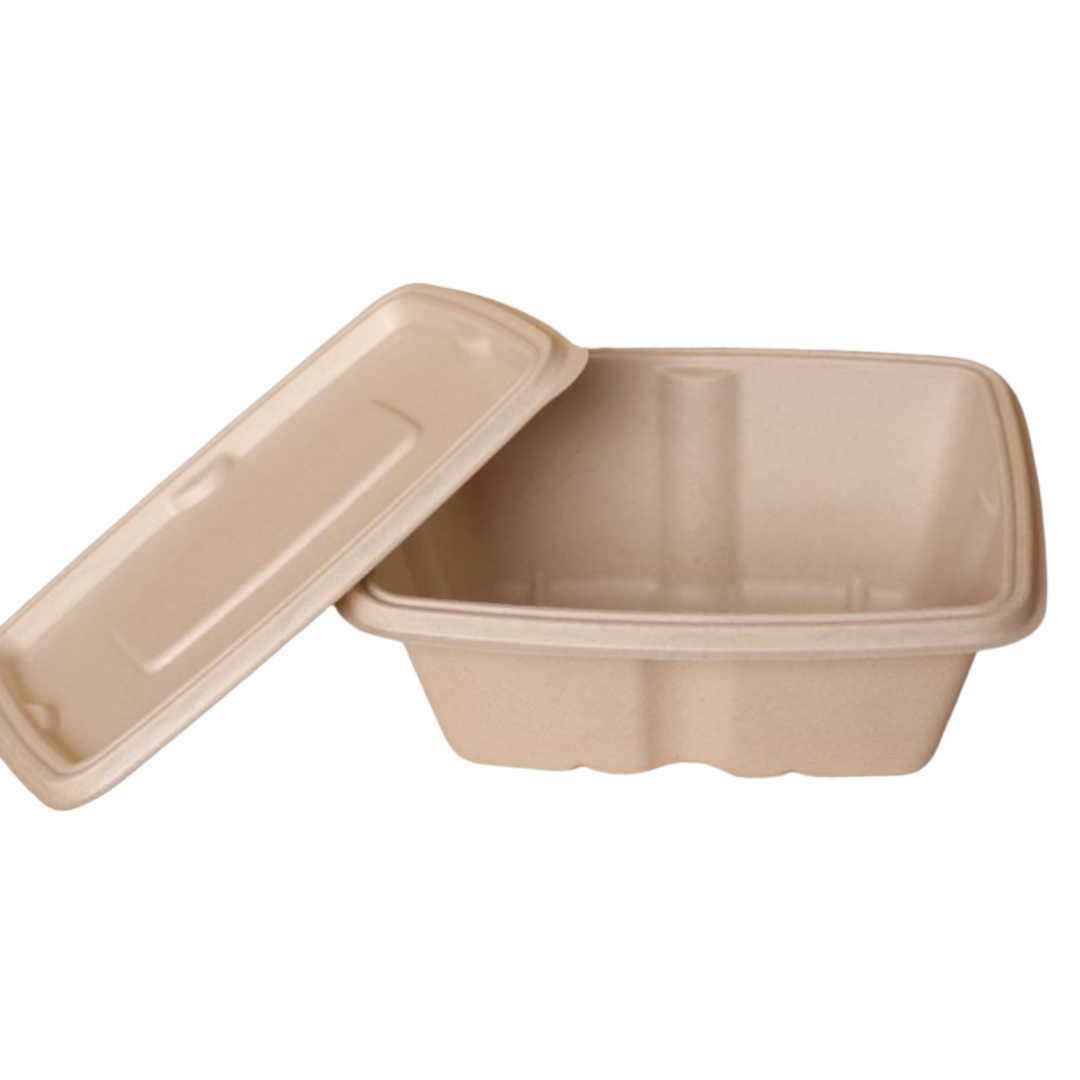 1000ml Anti-Leak Rectangular Bagasse Takeaway Container + Lid (Eco-Friendly, Sustainable, Biodegradable & Compostable)