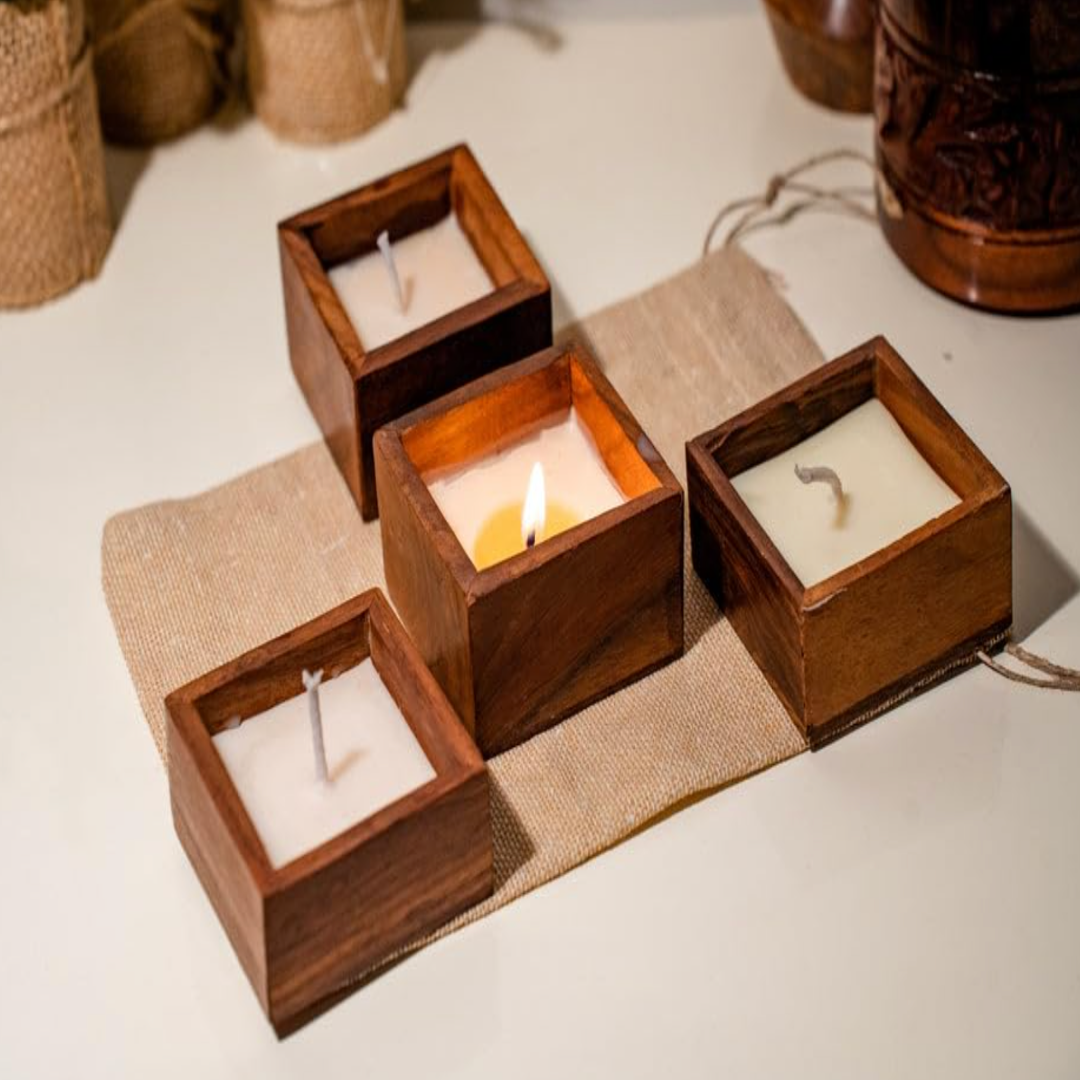 Small Square Wooden Candle Holder / Container