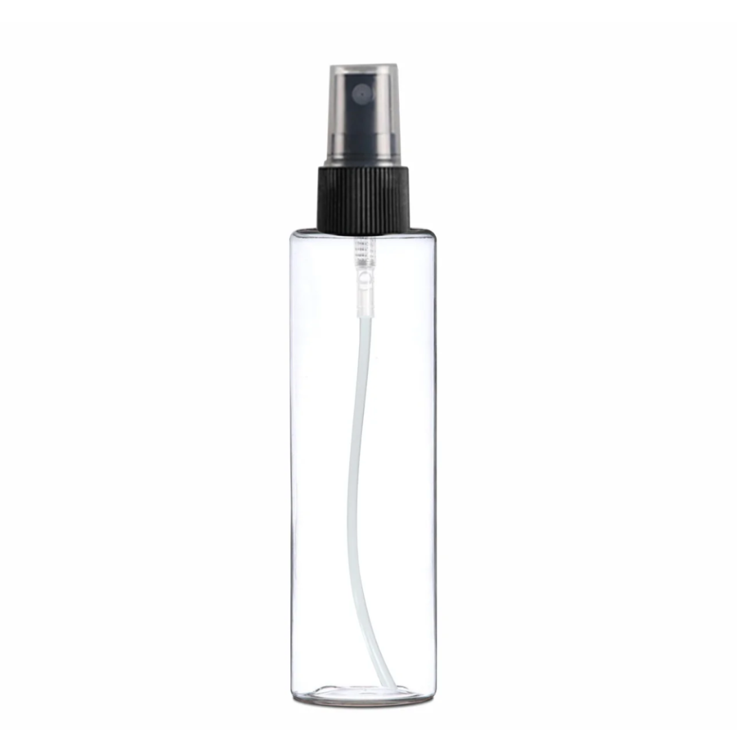 Plastic (PET) Cosmetic Bottle (100ml) (Transparent Cylinder Bottle + Black Fine Mist Spray Pump + Cover Cap)