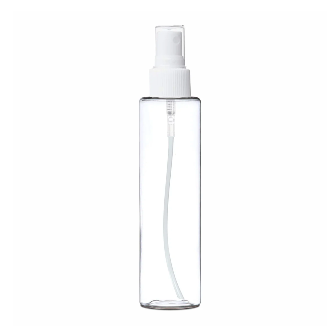 Plastic (PET) Cosmetic Bottle (100ml) (Transparent Cylinder Bottle + White Fine Mist Spray Pump + Cover Cap)