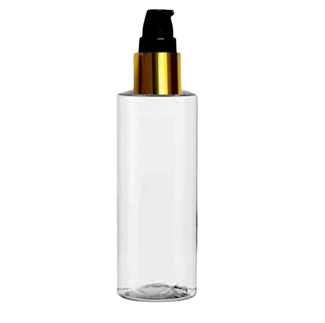 Plastic (PET) Cosmetic Bottle (100ml) (Transparent Cylinder Bottle + Golden Black Serum/Lotion Pump + Cover Cap)