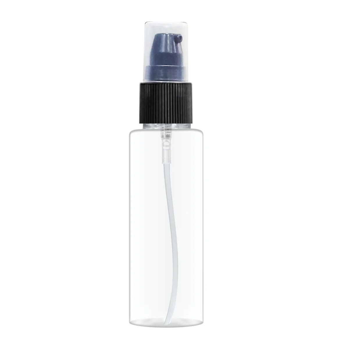 Plastic (PET) Cosmetic Bottle (100ml) (Transparent Cylinder Bottle + Black Serum/Lotion Pump + Cover Cap)