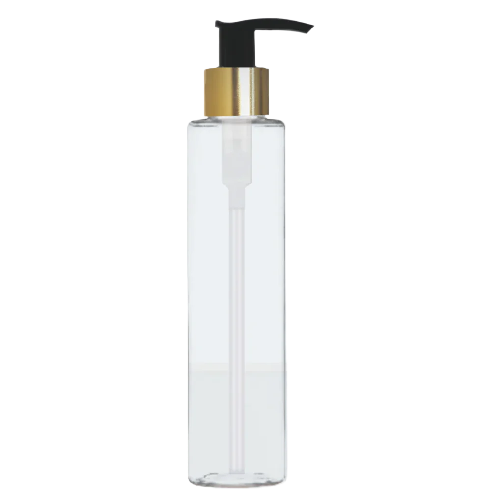 Plastic (PET) Cosmetic Bottle (100ml) (Transparent Cylinder Bottle + Golden Black Dispenser Pump)