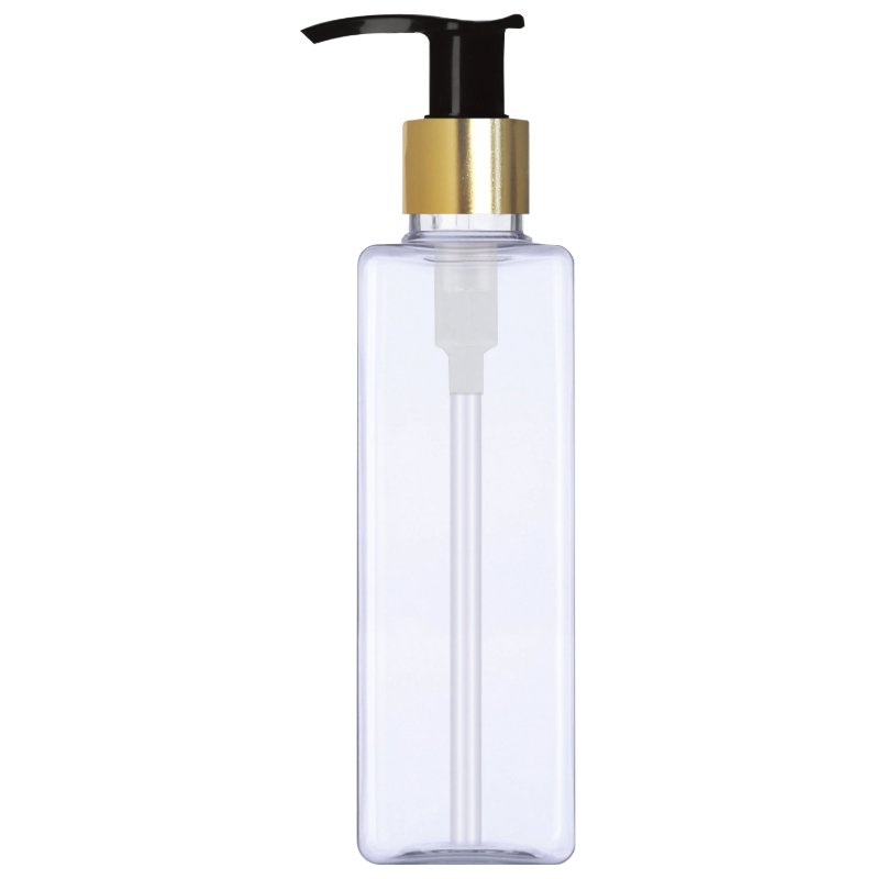 Plastic (PET) Cosmetic Bottle (100ml) (Transparent Square Bottle + Golden Black Dispenser Pump)