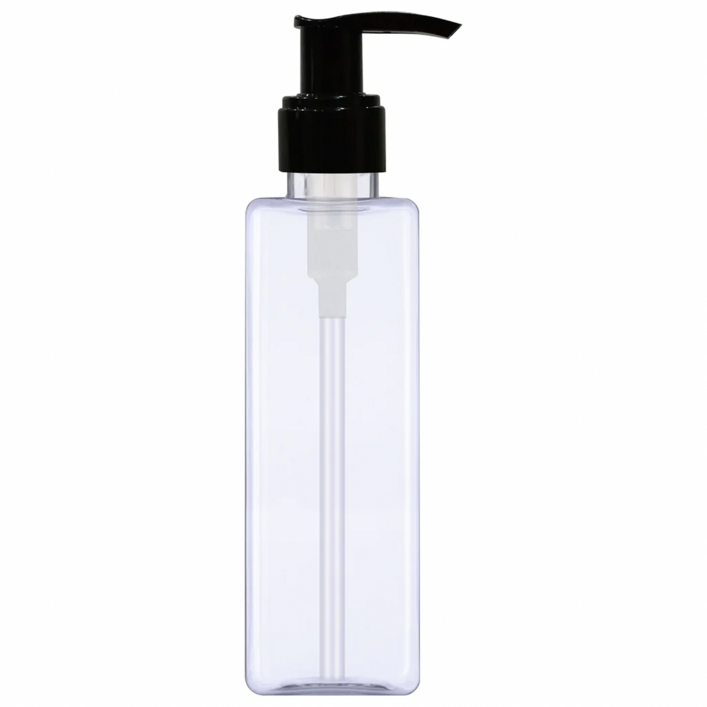 Plastic (PET) Cosmetic Bottle (100ml) (Transparent Square Bottle + Black Dispenser Pump)