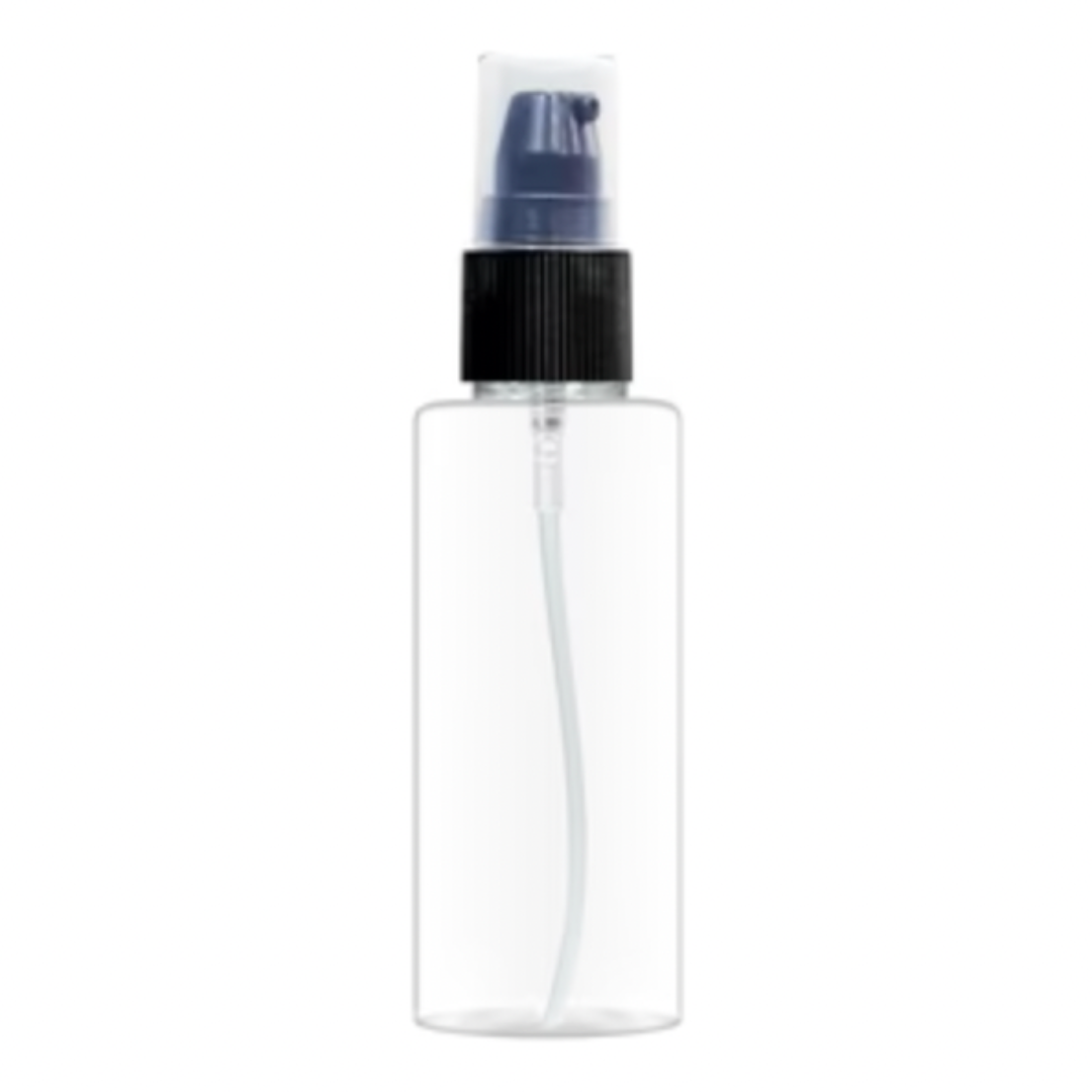 Plastic (PET) Cosmetic Bottle (100ml) (Transparent Square Bottle + Black Serum/Lotion Pump + Cover Cap)