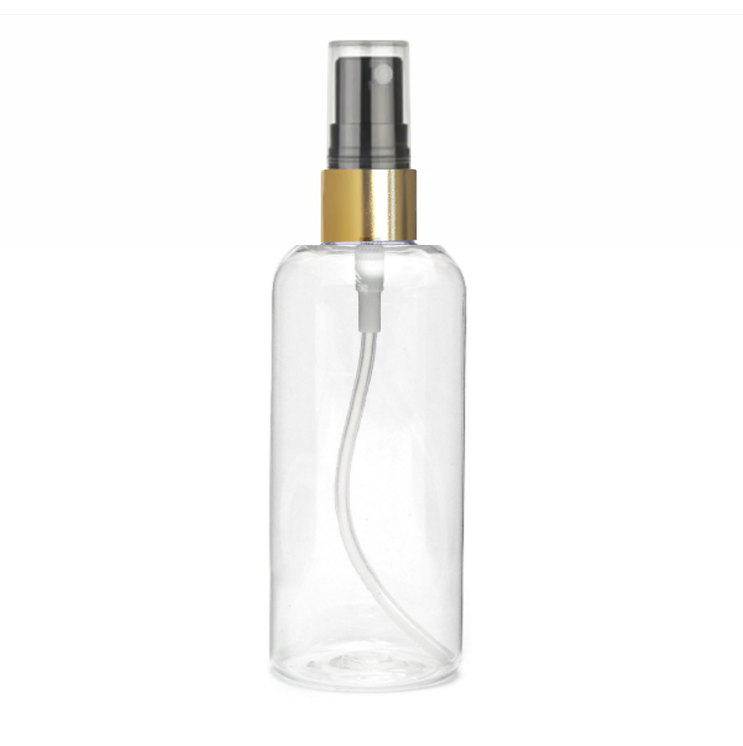 Plastic (PET) Cosmetic Bottle (100ml) (Transparent Curved Top Bottle + Golden Black Fine Mist Spray Pump + Cover Cap)