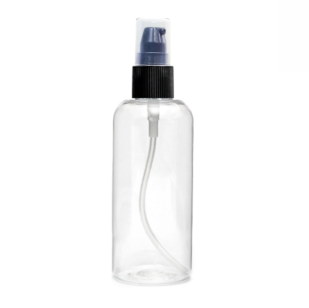 Plastic (PET) Cosmetic Bottle (100ml) (Transparent Curved Top Bottle + Black Serum/Lotion Pump + Cover Cap)