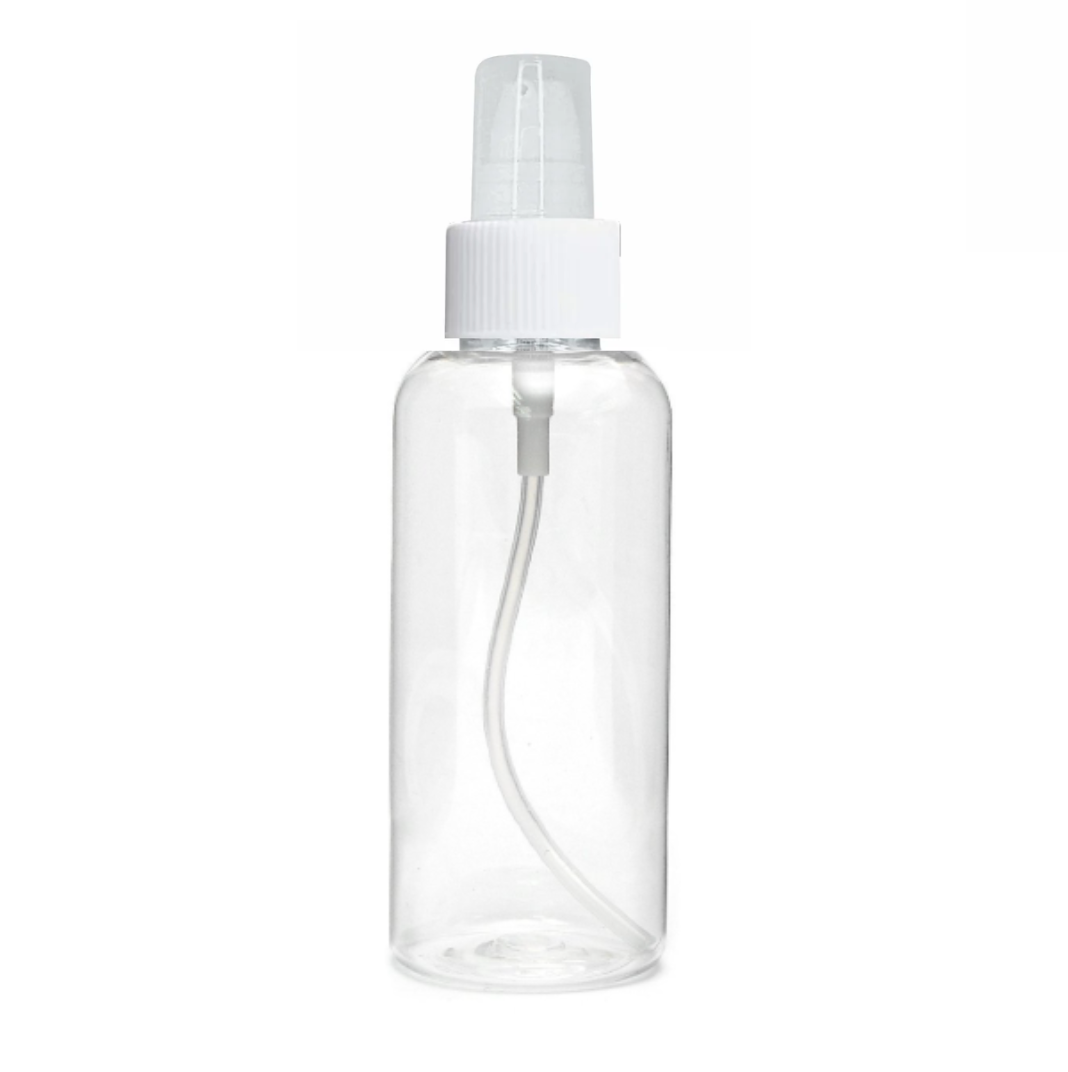 Plastic (PET) Cosmetic Bottle (100ml) (Transparent Curved Top Bottle + White Serum/Lotion Pump + Cover Cap)