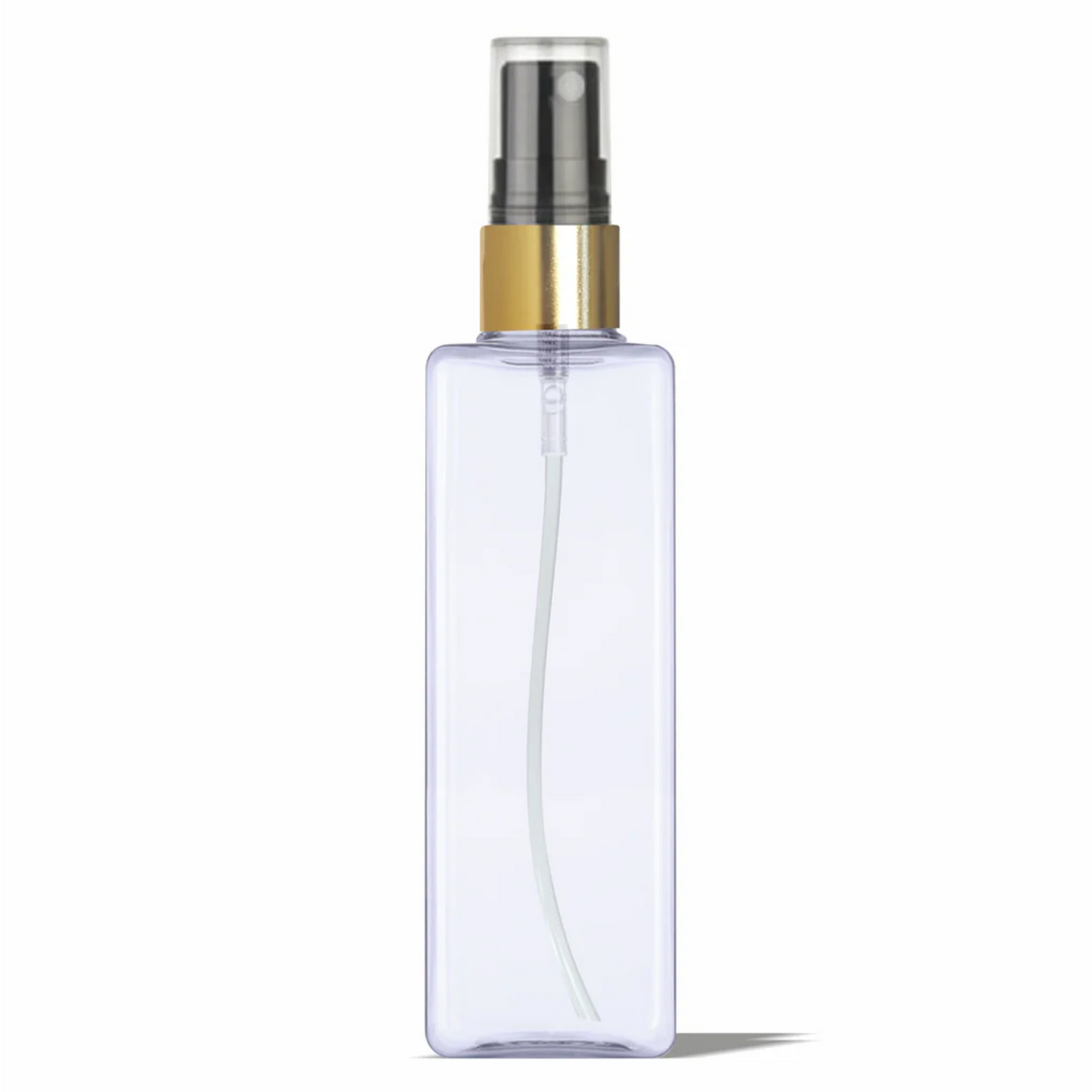 Plastic (PET) Cosmetic Bottle (100ml) (Transparent Square Bottle + Golden Black Fine Mist Spray Pump + Cover Cap)