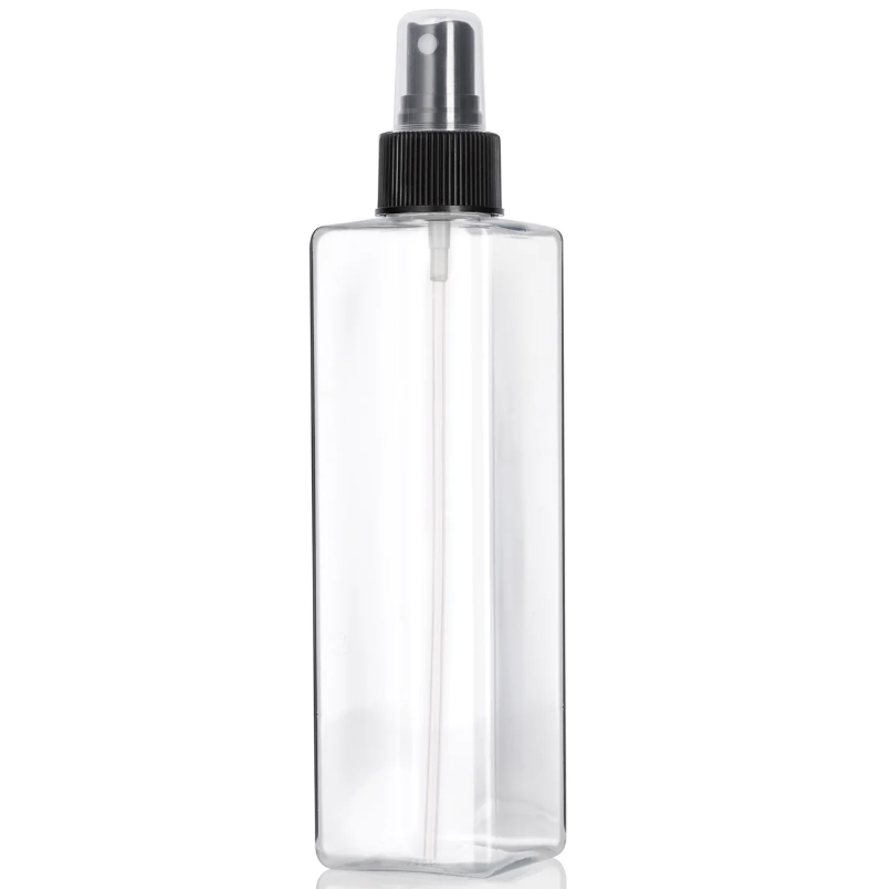 Plastic (PET) Cosmetic Bottle (100ml) (Transparent Square Bottle + Black Fine Mist Spray Pump + Cover Cap)