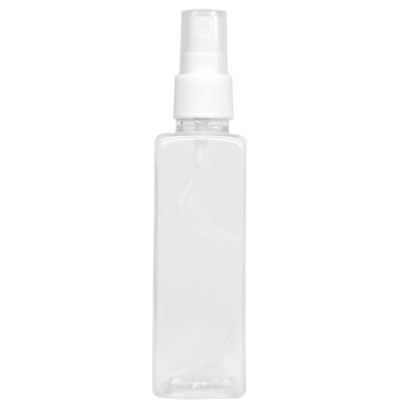 Plastic (PET) Cosmetic Bottle (100ml) (Transparent Square Bottle + White Fine Mist Spray Pump + Cover Cap)