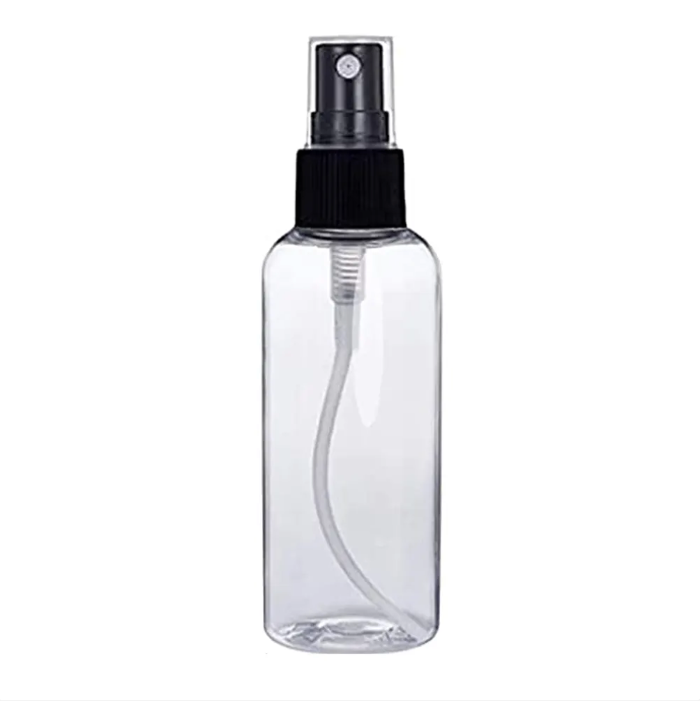 Plastic (PET) Cosmetic Bottle (100ml) (Transparent Curved Top Bottle + Black Fine Mist Spray Pump + Cover Cap)