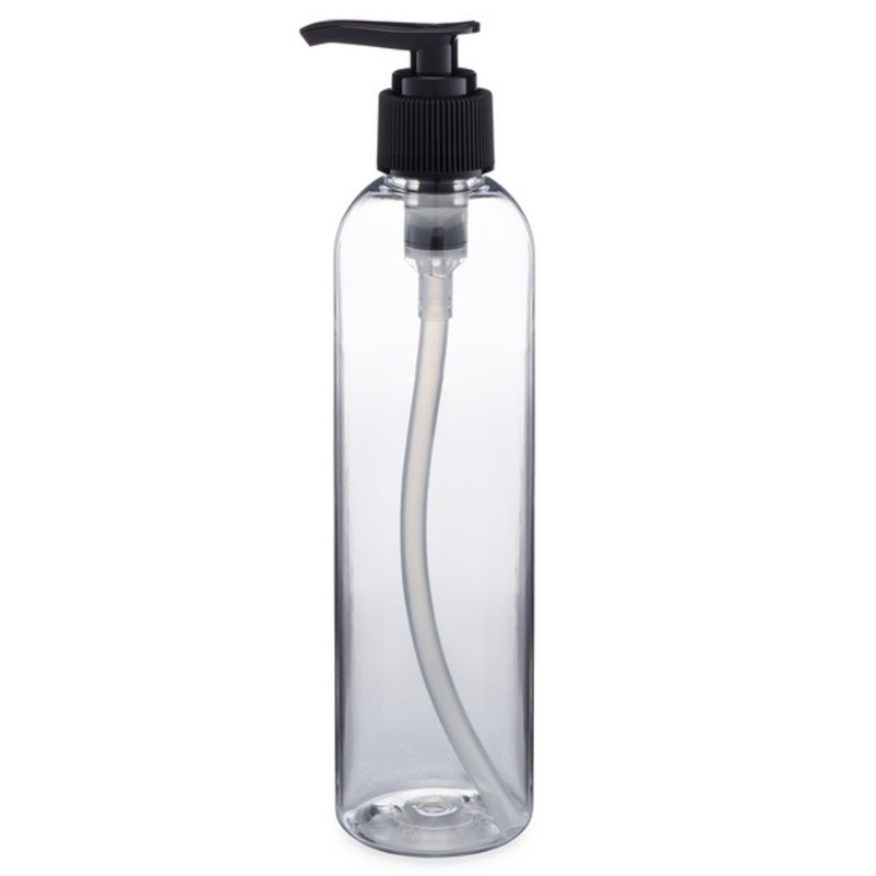 Plastic (PET) Cosmetic Bottle (100ml) (Transparent Curved Top Bottle + Black Dispenser Pump + Cover Cap)