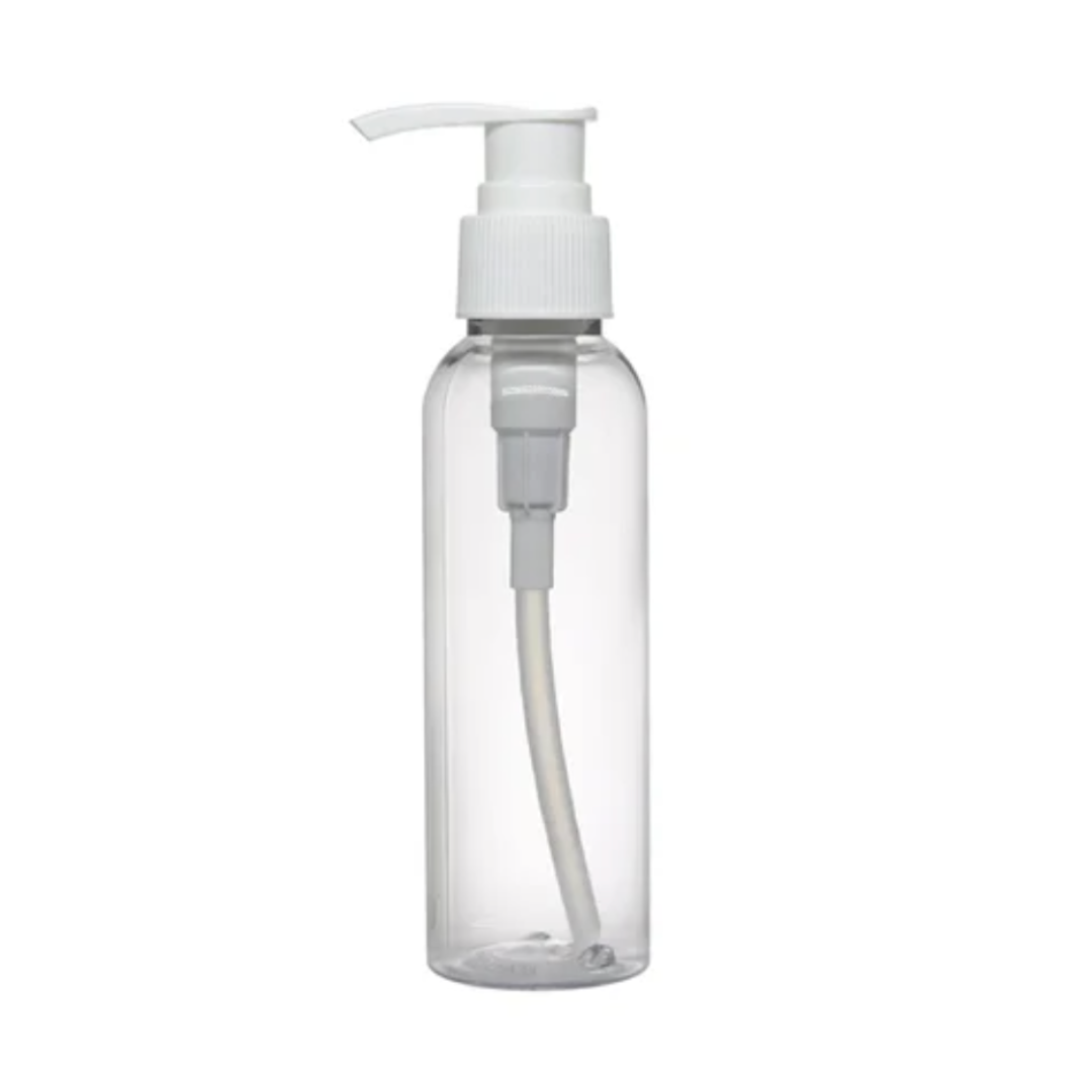 Plastic (PET) Cosmetic Bottle (100ml) (Transparent Curved Top Bottle + White Dispenser Pump + Cover Cap)