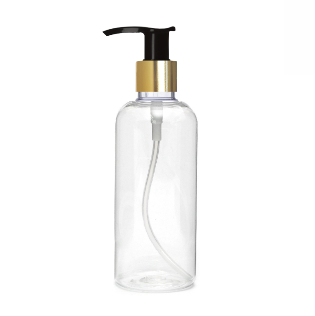 Plastic (PET) Cosmetic Bottle (100ml) (Transparent Curved Top Bottle + Golden Black Dispenser Pump + Cover Cap)