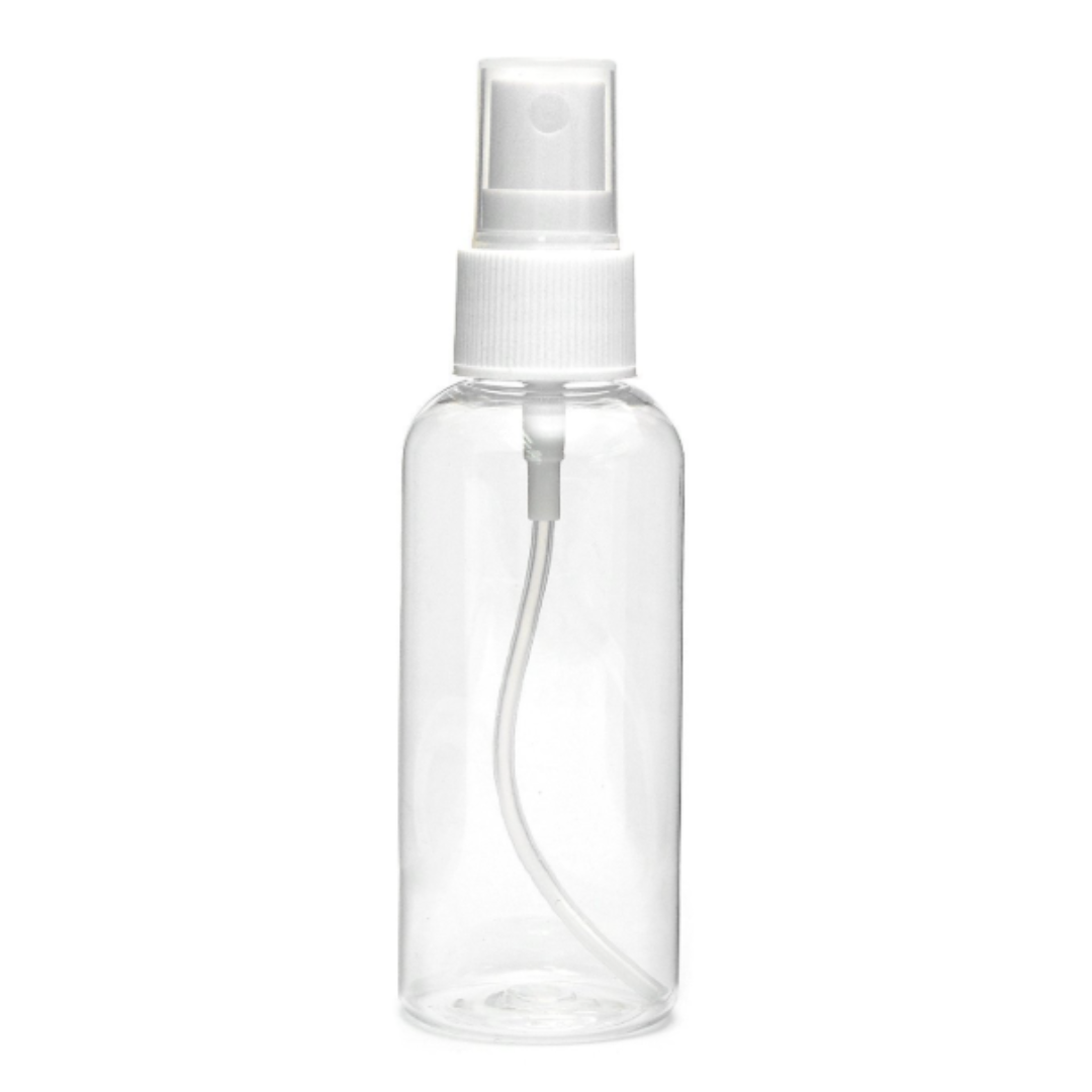 Plastic (PET) Cosmetic Bottle (100ml) (Transparent Curved Top Bottle + White Fine Mist Spray Pump + Cover Cap)