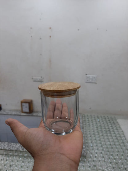 Transparent / Clear Candle Votive Glass Holder / Container (Curved Base) + Air-Tight Wooden Cap/Lid - 200ml