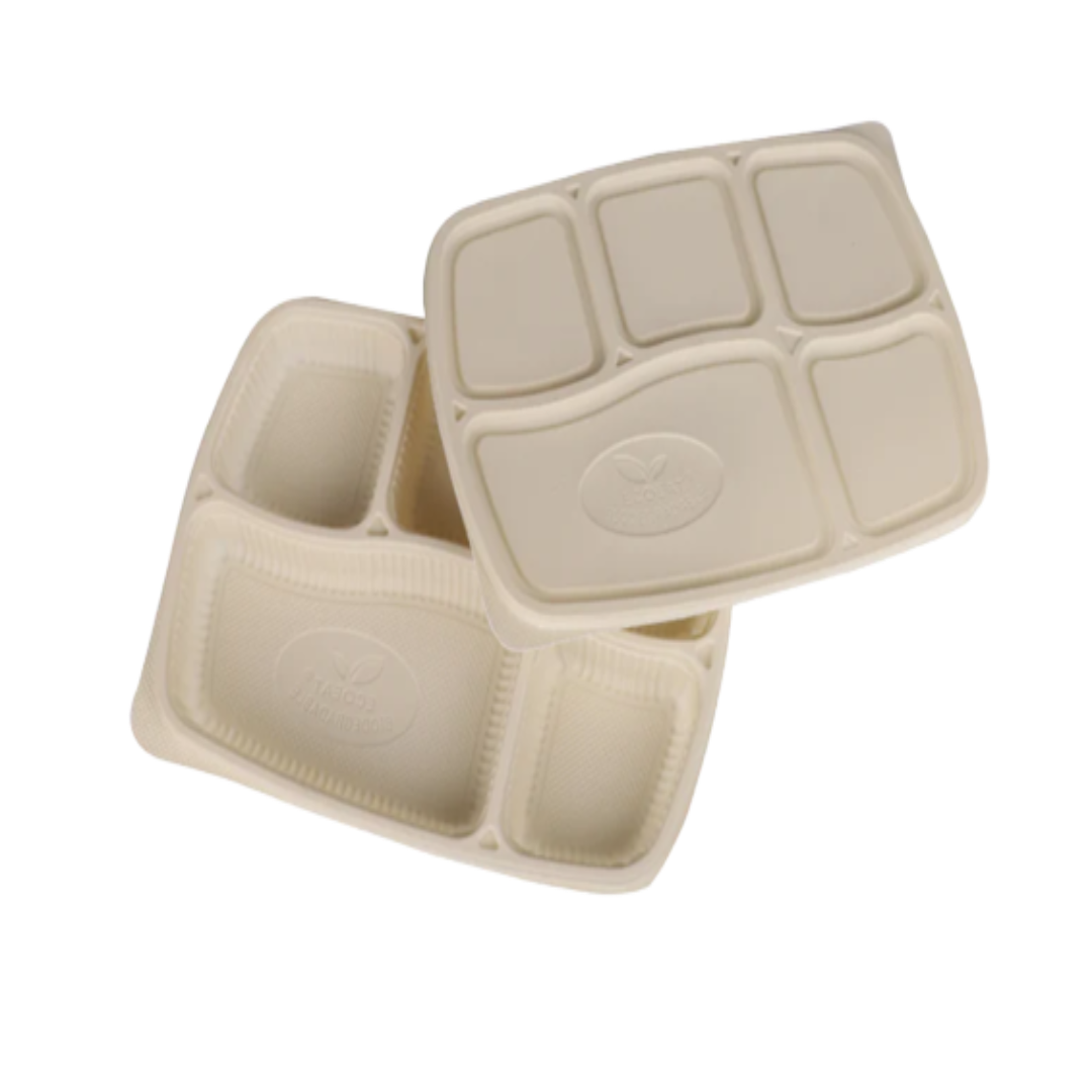 5 Compartment Rectangle Cornstarch-Based Bio-Plastic Takeaway Tray with Lid (Eco-Friendly, Sustainable & Compostable)